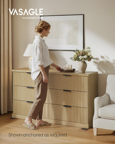 VASAGLE MAXE Collection - 6-Drawer Double Dresser for Bedroom, 54.2-Inch Wide Chest of Drawers, Fluted Panels, Mid Century Modern Storage Dresser, TV Stand for Living Room, Oak Beige ULTS662YC01S VASAGLE