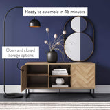 Nathan James Dylan Media Console Cabinet or TV Stand with Doors for Hidden Storage in a Natural Reclaimed Herringbone Wood Pattern and Metal, Oak/Matte Black Nathan James