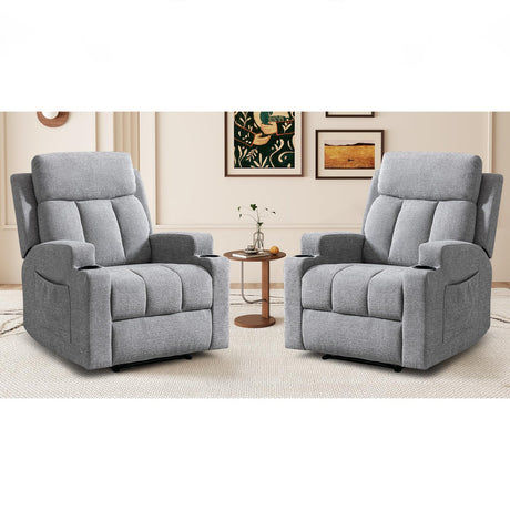 CANMOV Manual Massage Heat Recliner Chair Set of 2,Soft Fabric Recliner Chair with Overstuffed Arm and Back, Manual Reclining Single Sofa with 2 Cup Holders, Side Pocket for Living Room,Grey CANMOV