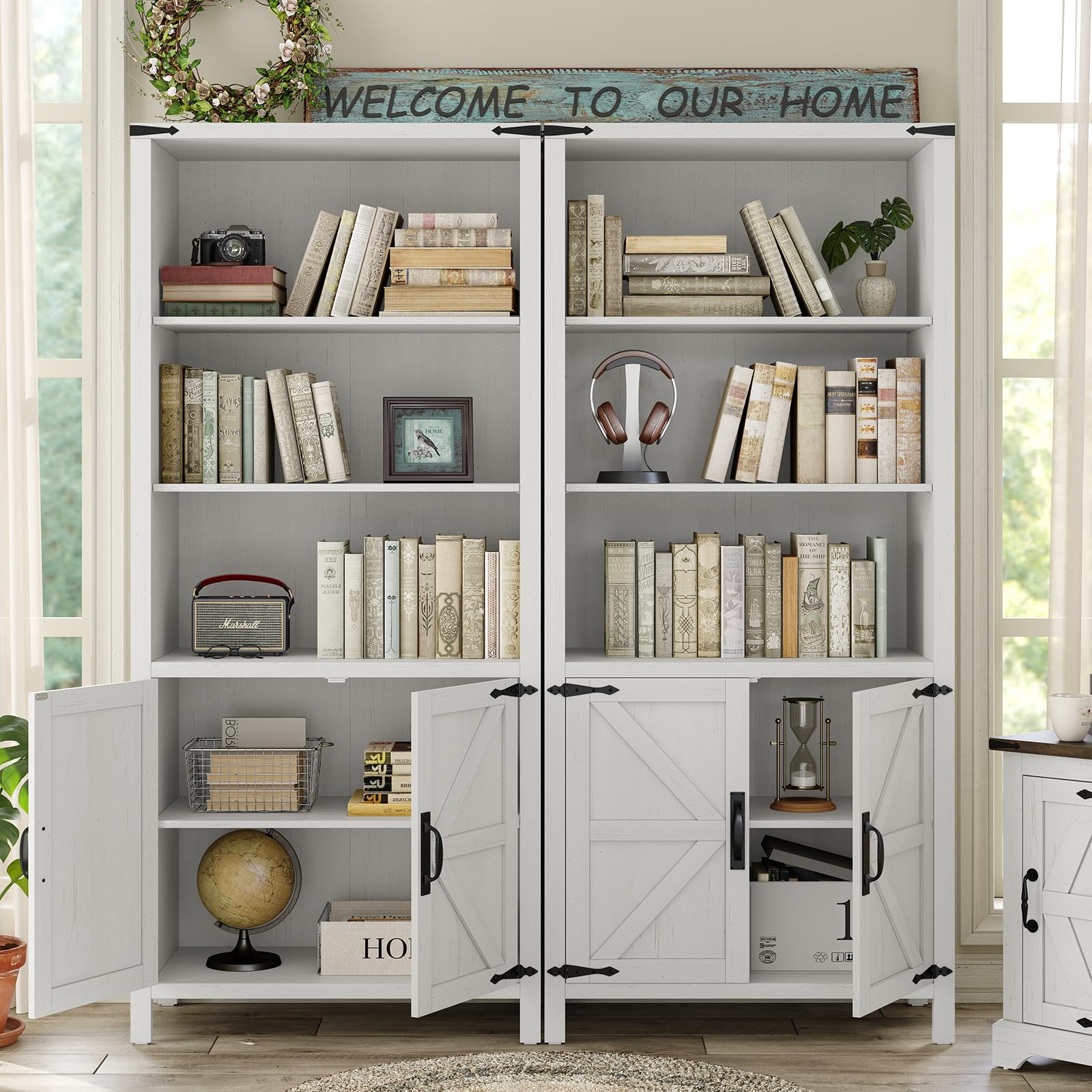 Furnihold 5-Shelf Farmhouse Bookcase with Doors - Adjustable Wood Storage Cabinet in White - WoodArtSupply