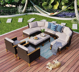 MFSTUDIO Extra Large Wicker Patio Furniture Sets, 10 Pieces All-Weather Half-Moon Curved Rattan Patio Sectional Sofa Set Outdoor Patio Conversation Set with 4" Thick Beige Cushions for Backyard Porch MFSTUDIO