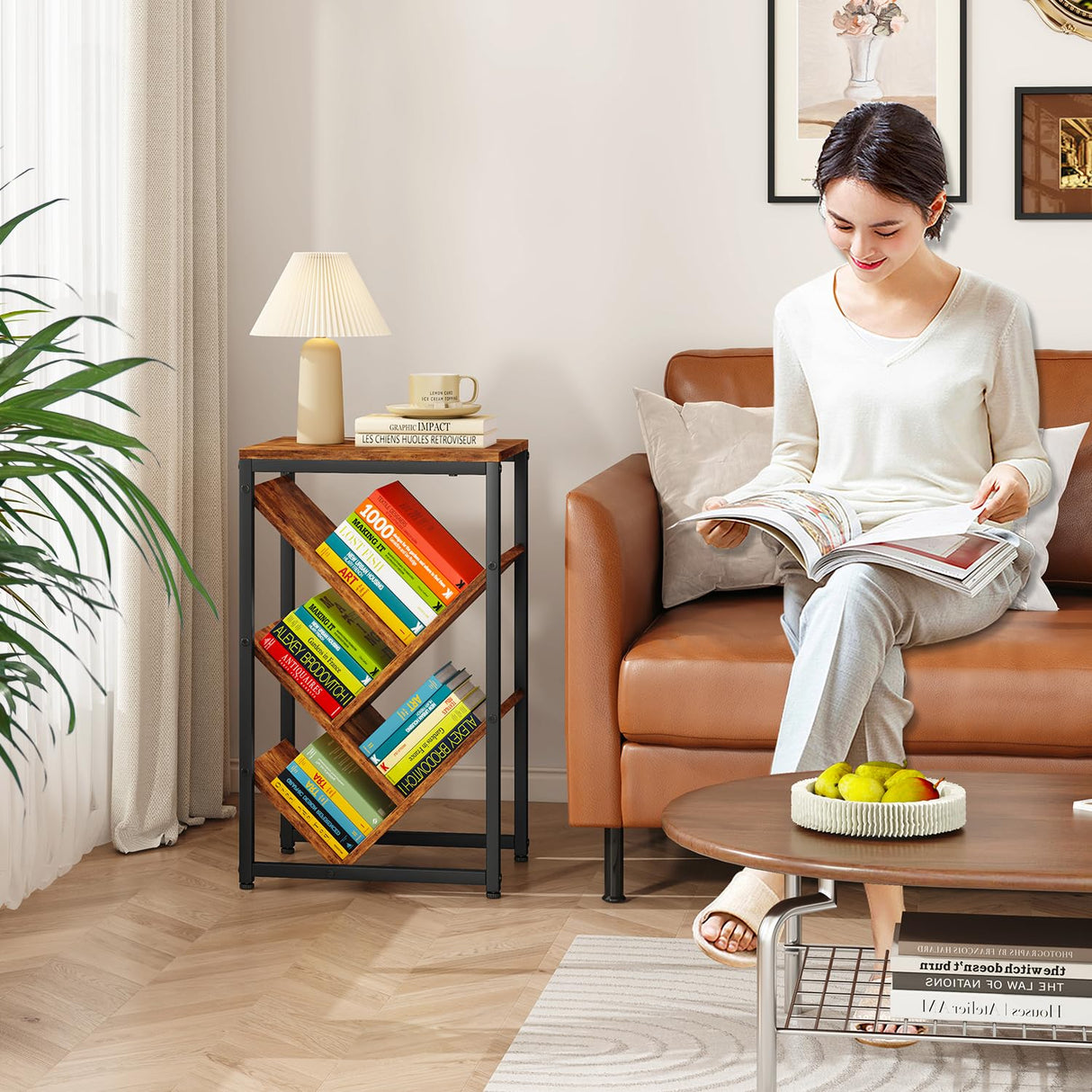 IBUYKE 5 Tier Tree Bookshelf, Small Desktop Bookshelf with Storage Organizer,for Books/CDs/Movies,Desk Display Bookcase for Bedroom Living Room,Rustic Brown,TBC003H