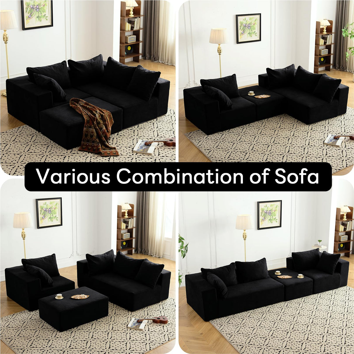 Vamcheer Modular Sectional Sofa with Chaise, Modern L Shaped Cloud Couch with Deep Seat, Sectional Couches for Living Room, Bedroom, Office, No Assembly Required, Black Vamcheer
