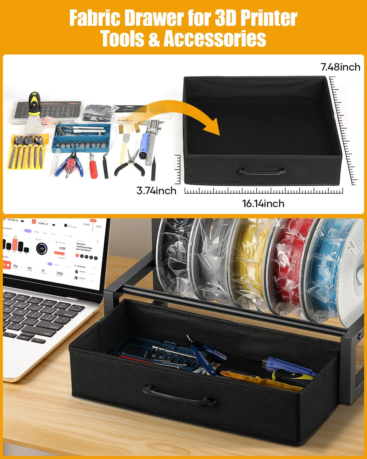 2-Tier Desktop Filament Storage Rack with Fabric Drawer - 3D Printer Filament Spools Holder Shelf for PLA/ABS/TPU Filaments, Tabletop Organizer for Home Office, Workshop Studio (Black Single Row) Rackgolfic