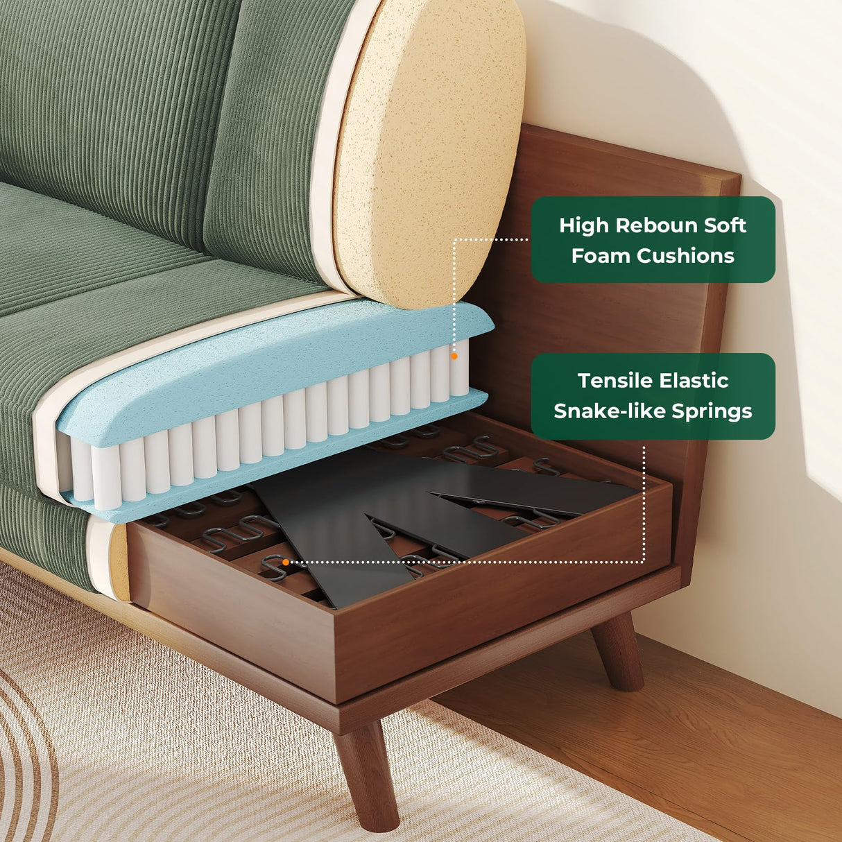 Vesgantti 68" Loveseat Sofa Green, Comfy Corduroy Couch with Spring Cushion, Sofa Couch with Solid Wood, Modern Couch with Deep Seat, Sofa for Bedroom, Loveseat for Living Room, Green Office Couch Vesgantti