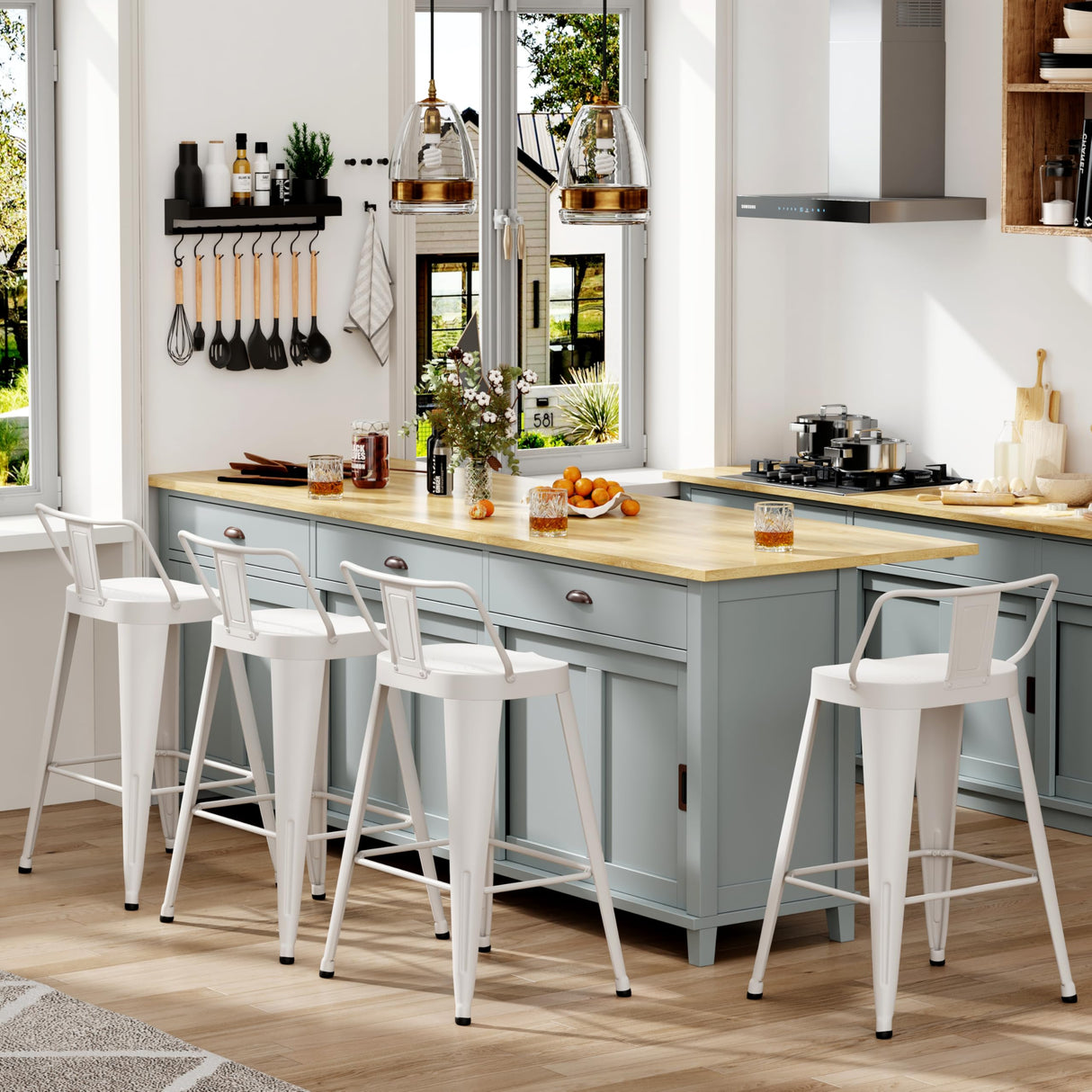 ALISH 30 Inch Bar Stools Set of 4, Industrial Metal Barstools Farmhouse Bar Chairs with Large Seat for Kitchen Island (30 Inch, White) ALISH