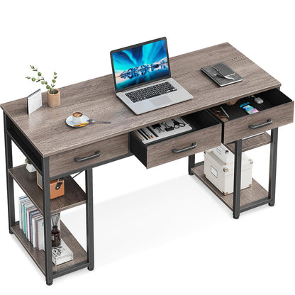 ODK Office Small Computer Desk: Home Table with Fabric Drawers & Storage Shelves, Modern Writing Desk, Grey Oak, 48"x16" - WoodArtSupply