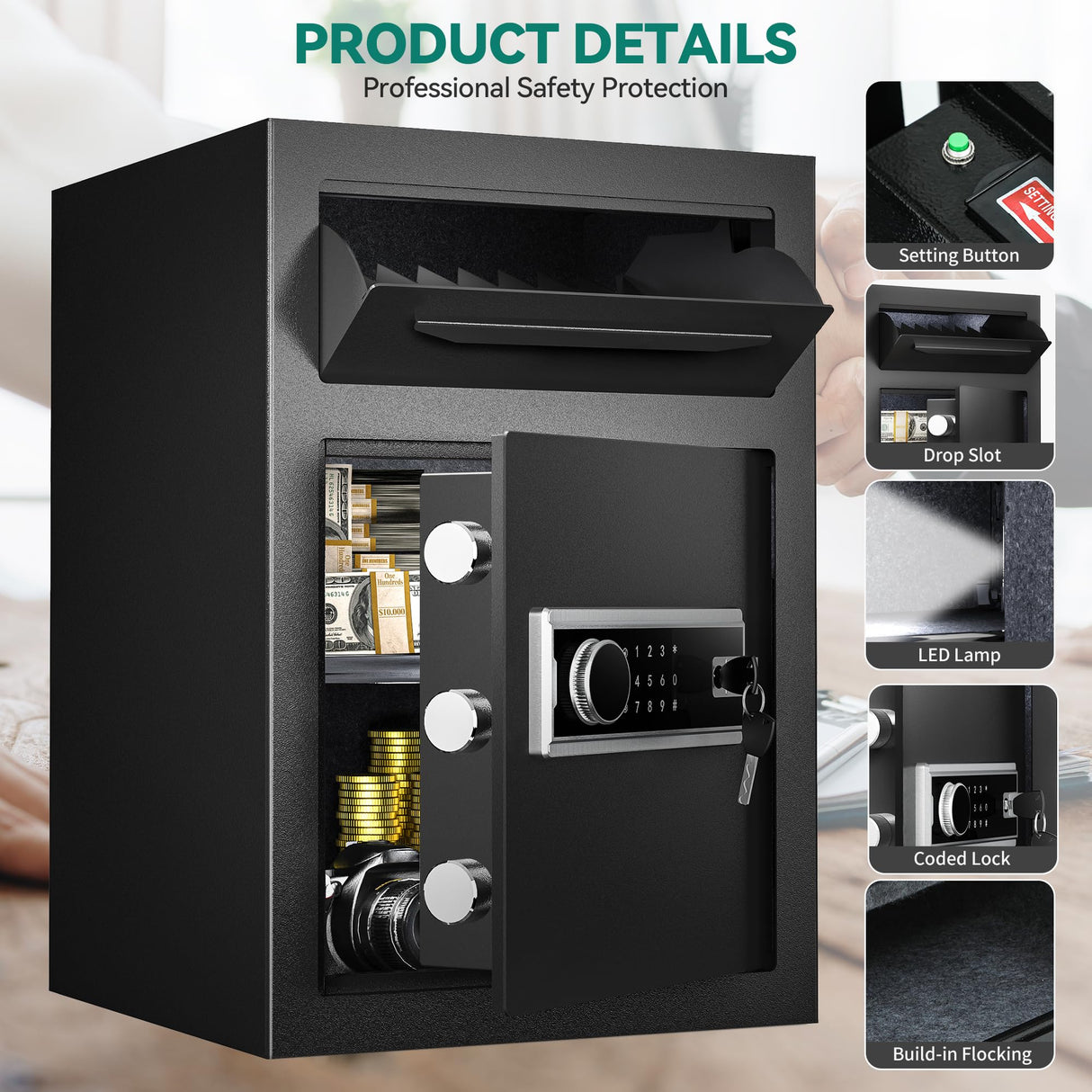 YITAHOME Safe with Drop Slot, 2.5 Cubic Feet Depository Drop Safes with Electronic Code Lock, Drop Safe for Business with Fireproof Document Bag, Deposit Cash Drop Box for Home Office Hotel YITAHOME