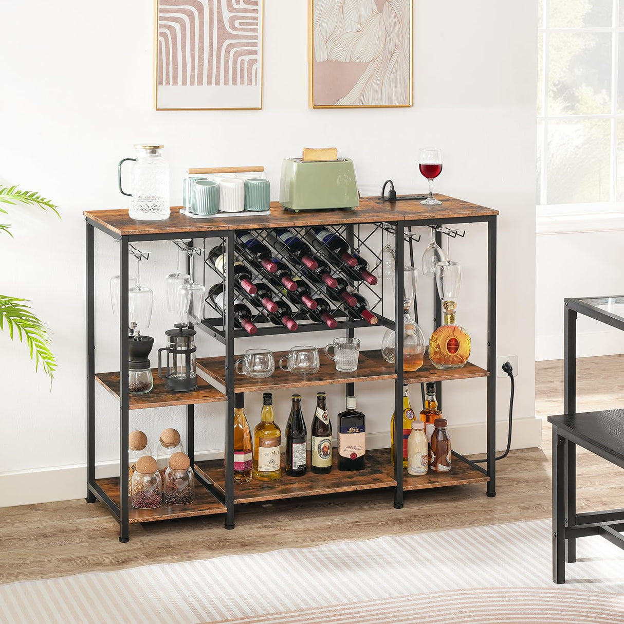 HOOBRO Wine Bar Cabinet with LED Light and Power Outlets, Wine Rack Table for Drinks and Glasses, Coffee Bar Cabinet with Wine Rack, for Kitchen, Dining Room, Rustic Brown and Black BF12UDJJ01 HOOBRO