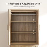 SICOTAS Rattan Armoire Wardrobe Closet Cabinet, 71" Tall Wardrobe Storage Cabinet with Doors, Large Drawers and Hanging Rod, Boho Armoire Clothes Organizer for Bedroom, Cloak Room, Light Oak SICOTAS