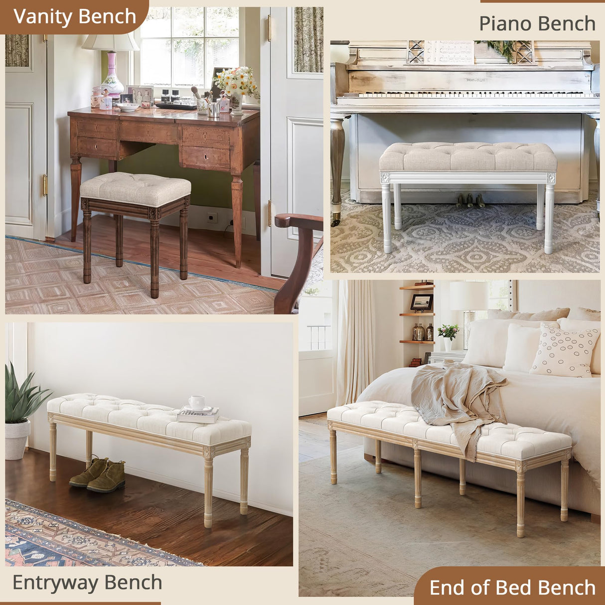 LUE BONA Upholstered Fabric Vanity Bench Seat, Makeup Stools for Vanity, Square Tufted Ottoman Bench with Carved Dark Brown Legs for Bedroom Living Room, Linen Color LUE BONA