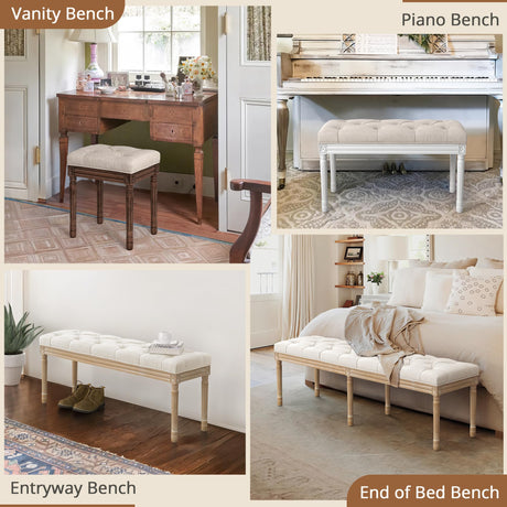 LUE BONA Upholstered Fabric Vanity Bench Seat, Makeup Stools for Vanity, Square Tufted Ottoman Bench with Carved Dark Brown Legs for Bedroom Living Room, Linen Color LUE BONA