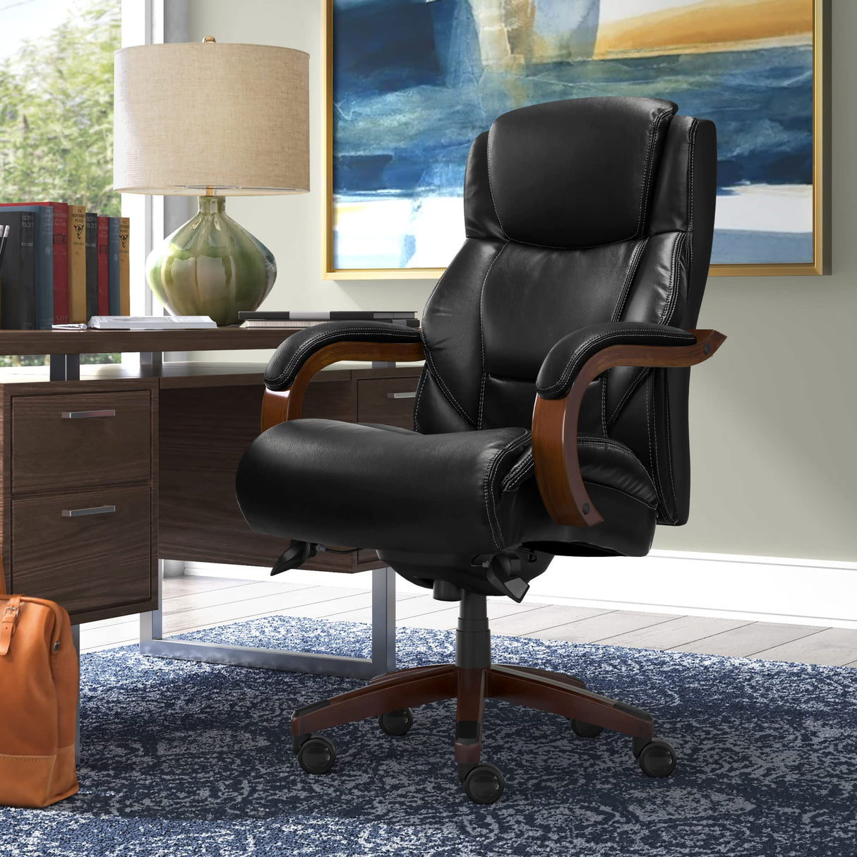 La-Z-Boy Delano Big & Tall Executive Office Chair, High Back Ergonomic Lumbar Support, Bonded Leather, Black with Mahogany Wood Finish La-Z-Boy
