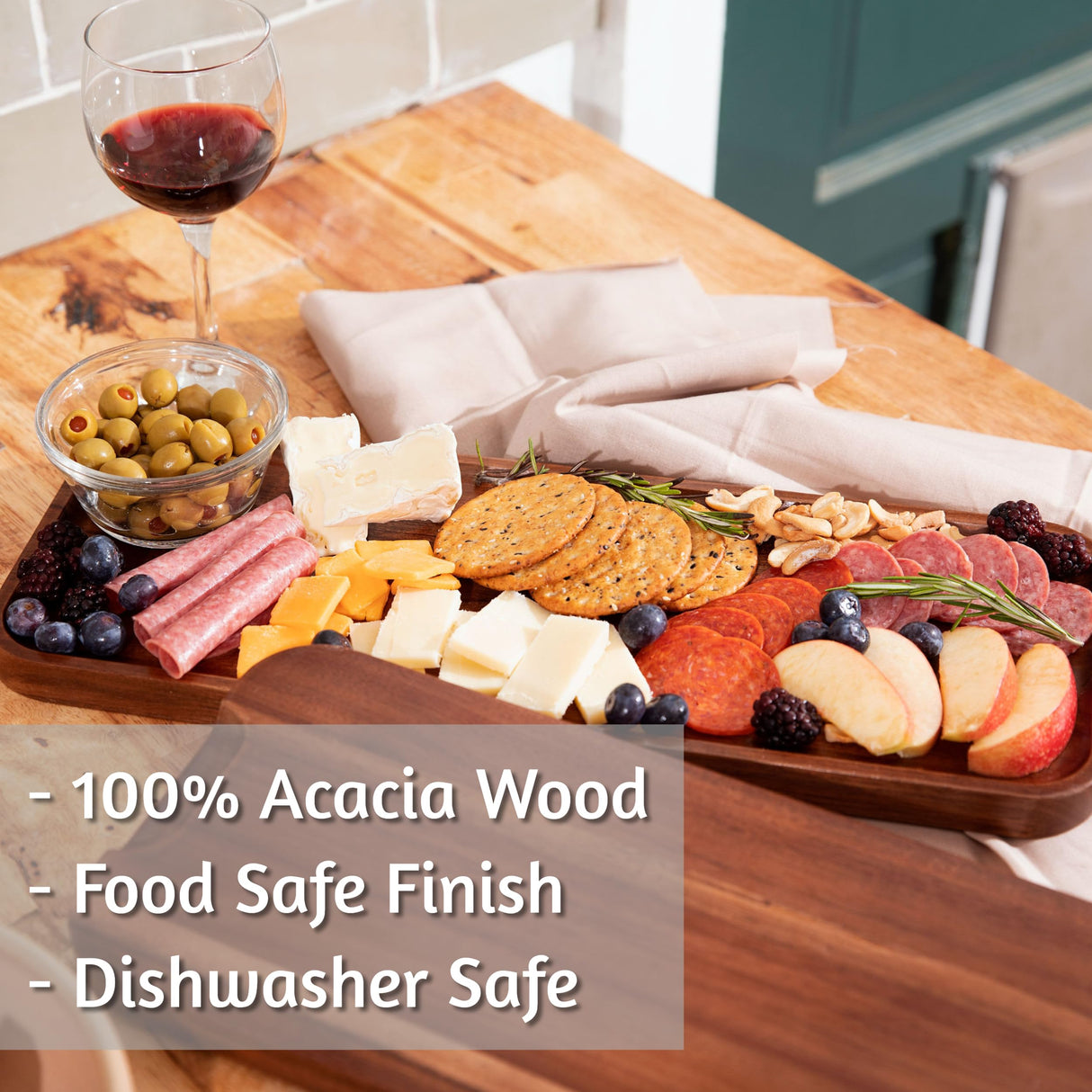 Large Solid Acacia Wood Serving Trays (17 x 6.5 inches) Rectangular Wooden Serving Platters for Home Decor, Food, Vegetables, Fruit, Charcuterie, Appetizer Serving Tray, Cheese Board (Set of 3 Plates) Home Beets