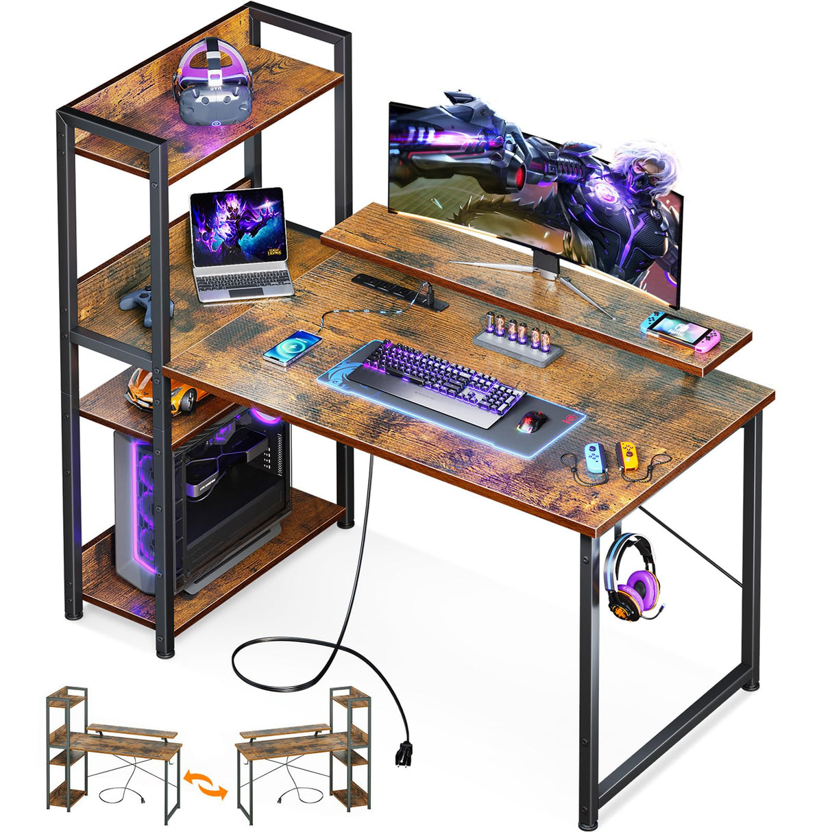 ODK 40-Inch Rustic Brown Small Computer Desk with Power Outlets, USB Charging Port, and Reversible Storage Shelves ODK