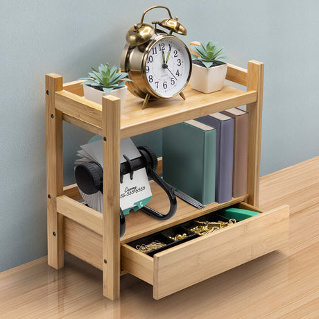 Sorbus 2-Tier Bamboo Countertop Shelf with Hidden Drawer - Makeup Organizer - Multi-Purpose Storage for Skincare, Toiletries, Desktop - Display Stand Shelf for Bathroom Vanity Counter, Kitchen, Office Sorbus