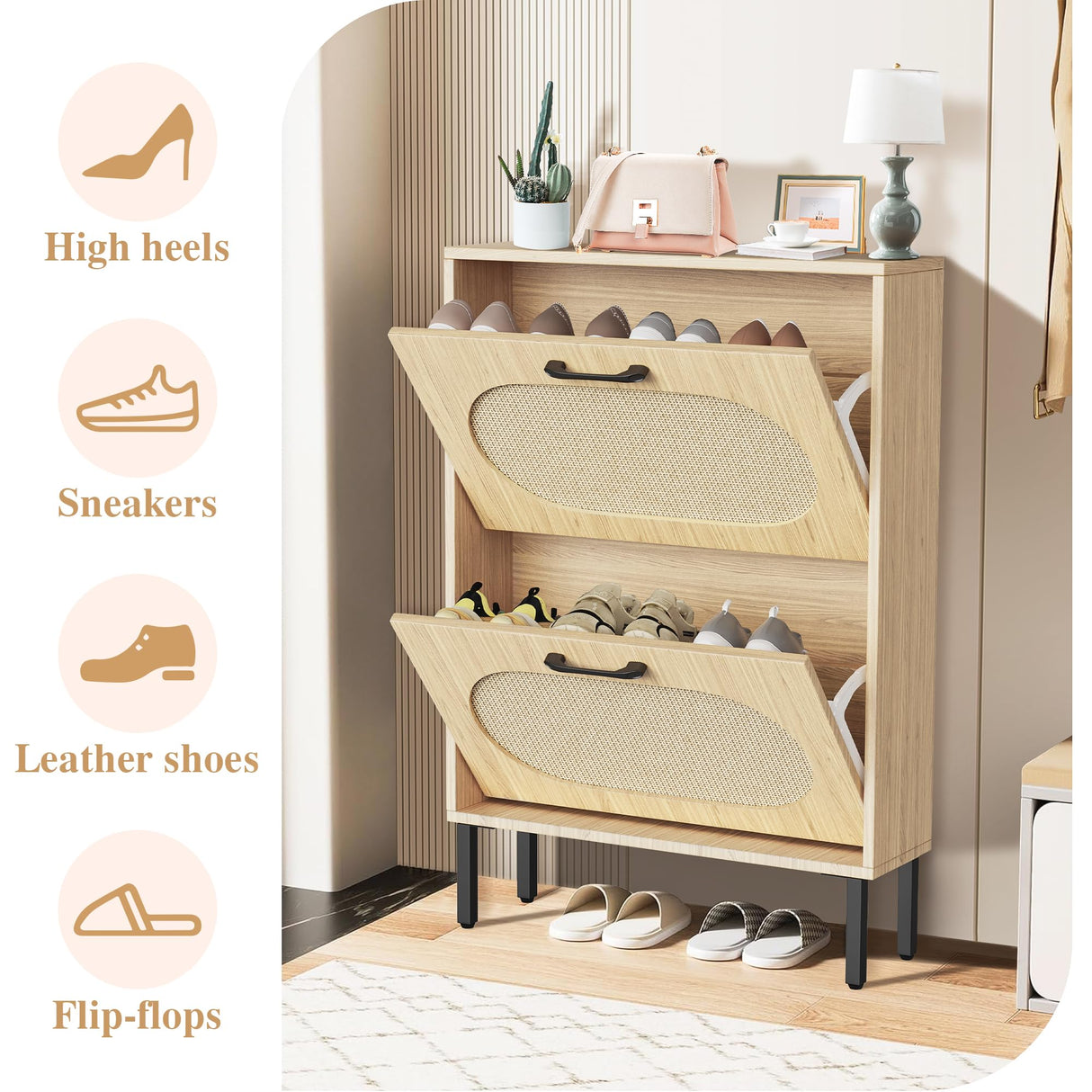 Crownland Shoe Cabinet, Shoe Storage Cabinet with 2 Flip-Out Drawers, Modern Two-Tier Shoe Rack Cabinet for Entryway, Hallway, Living Room(Wood) Crownland