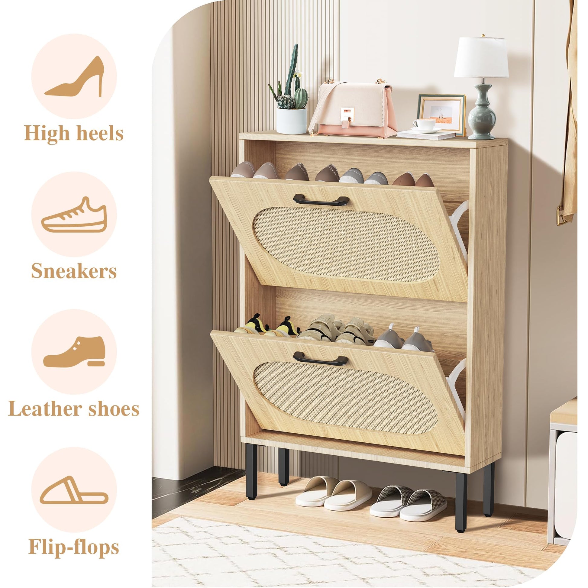 Crownland Shoe Cabinet, Shoe Storage Cabinet with 2 Flip-Out Drawers, Modern Two-Tier Shoe Rack Cabinet for Entryway, Hallway, Living Room(Wood) - WoodArtSupply