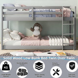 ZJIAH Low Bunk Bed Twin Over Twin, Solid Wood Floor Bunk Bed Frame with Ladder & Safety Guardrails, Twin Bunk Beds for Kids Boys and Girls, Saving Space, No Box Spring Needed, Gray ZJIAH