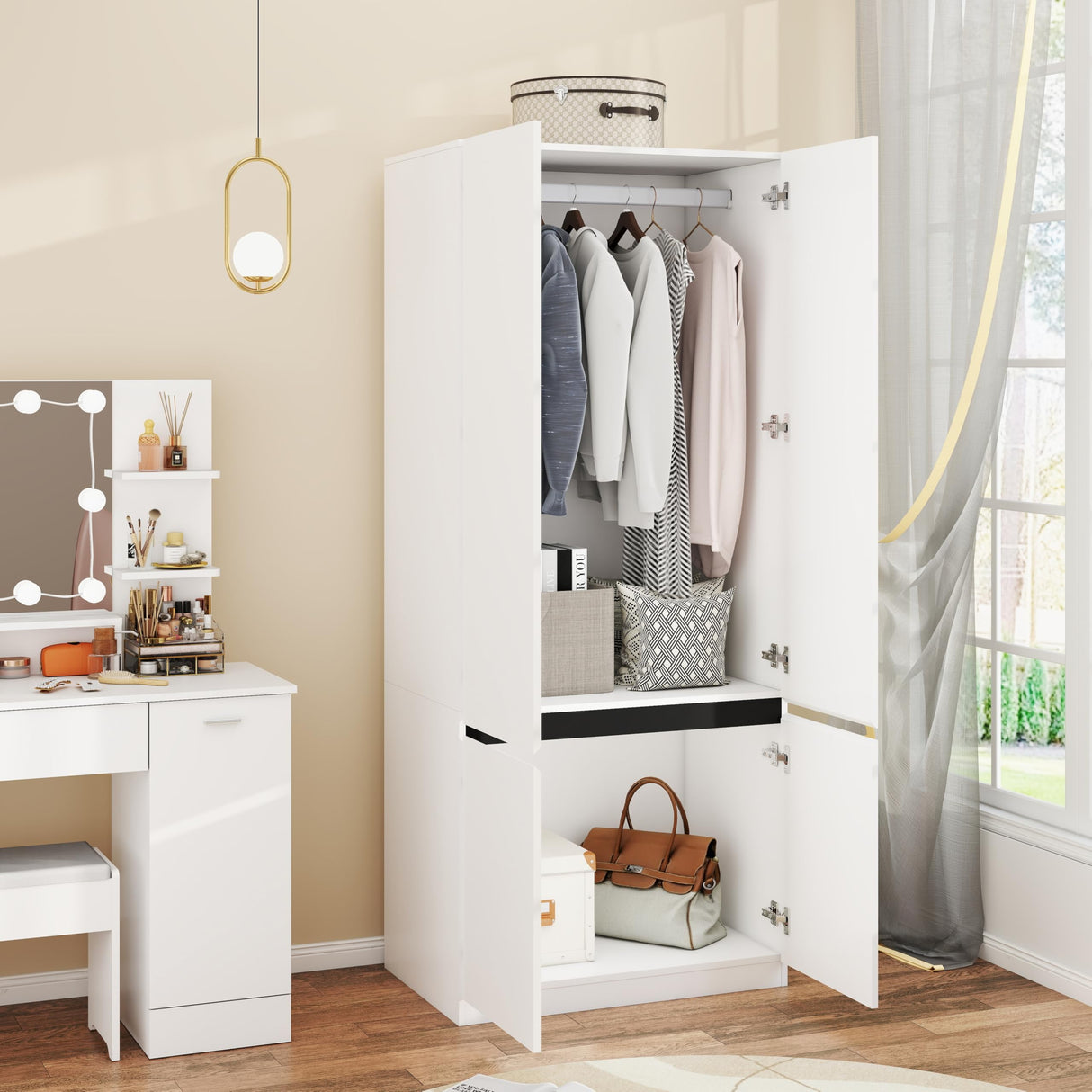 Armoire Wardrobe Closet with Doors: 75" White Large Wardrobe Closet with 2 Doors, Clothes Cabinets for Bedroom Armoires with Storage, Wood Wardrobes Closets for Hanging Clothes (C-Style, 31.5") Mhsatyrs