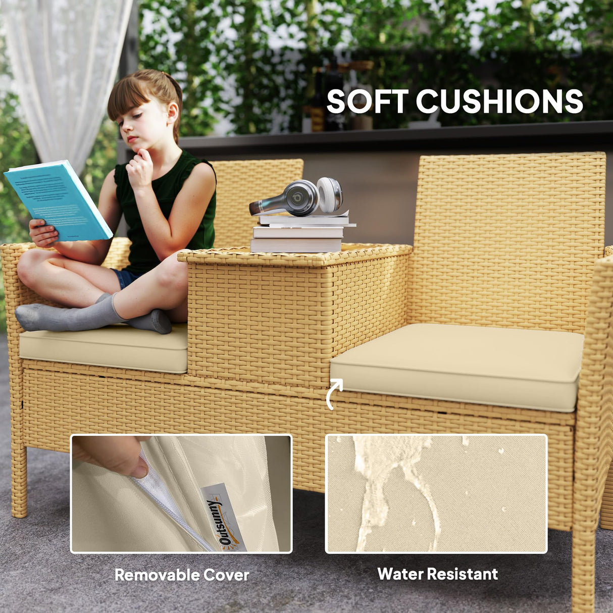 Outsunny Rattan Patio Loveseat with Built-in Flip-Top Coffee Table, Outdoor Wicker Sofa with Hidden Storage and Cushions for Balcony, Garden, Lawn, Backyard, Khaki Outsunny