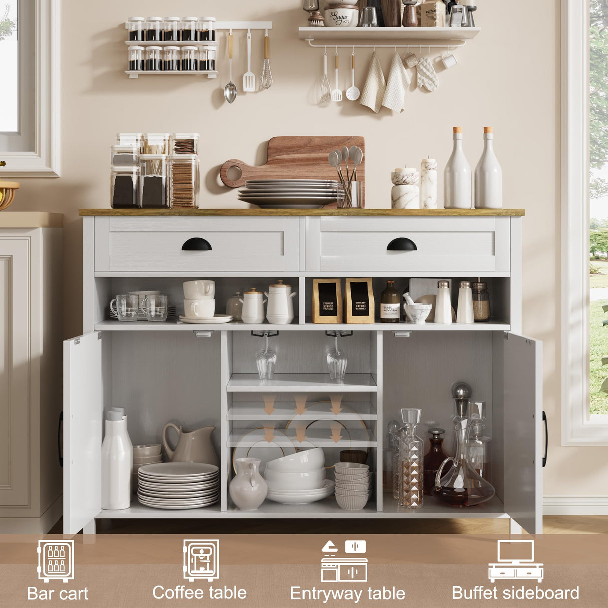 Vividwood 47.2" Modern Farmhouse Wine Bar Cabinet with Wine & Glass Rack, 2 Drawers Buffet Sideboard Storage for Kitchen, Living Room, Dining Room - Coffee & Liquor Station Cabinet (White) Vividwood