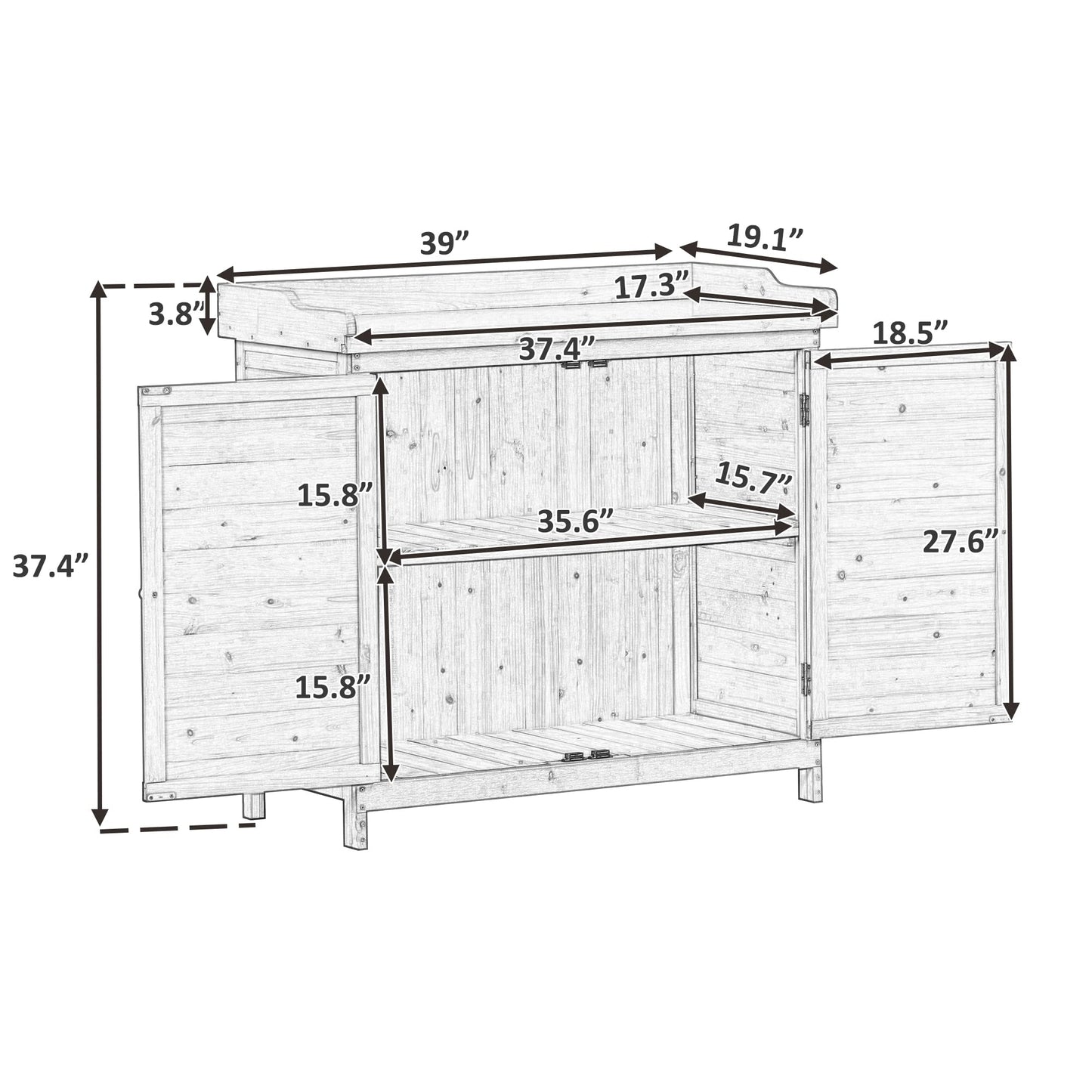 RUNNA Outdoor 39" Potting Bench Table, Rustic Garden Wood Workstation Storage Cabinet Garden Shed with 2-Tier Shelves and Side Hook (Grey#024) - WoodArtSupply