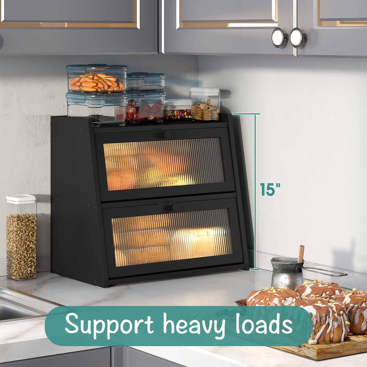 viewcare Black Bread Box, Double Layer Large Bread Box for Kitchen Counter, Bamboo Bread Storage Container with Wavy Acrylic Transparent Door viewcare