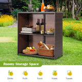 RELAX4FLIE 3-Piece Outdoor Bar Set, Patio Wicker Bar Table and Chairs Set w/Cushioned Stools 2 Open Shelves & Glass Table Top, Rattan Bar Table Set for Poolside, Garden and Backyard (Turquoise) RELAX4LIFE