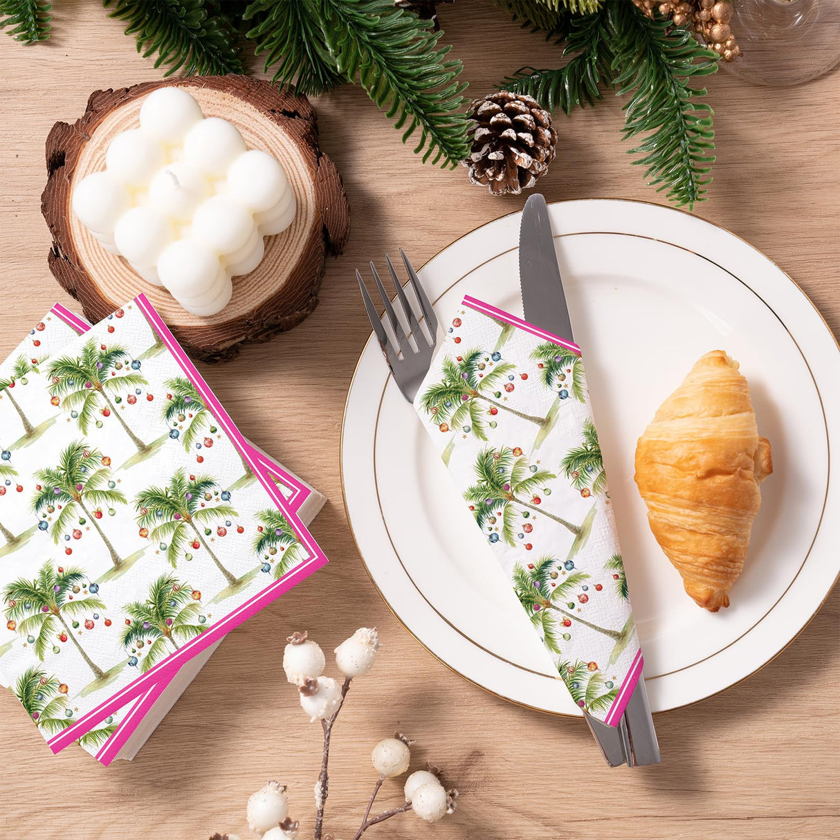 WRAPAHOLIC 50Pcs Christmas Paper Napkins - Tropical Ornament 3-Ply Disposable Luncheon Napkin for Christmas Party Supplies Tableware, Xmas Holiday - 6. 5 x 6.5 In WRAPAHOLIC