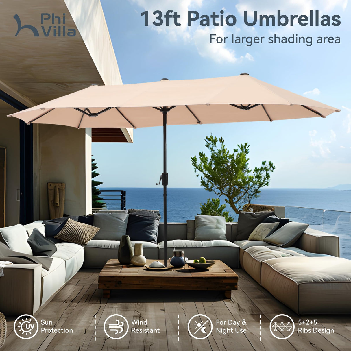 PHI VILLA 13ft Large Patio Umbrella Double-Sided Twin Outdoor Market Umbrella with Crank, Beige PHI VILLA