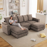 110" Oversized Cloud Couch U Shaped Modular Sectional Sofa L Shaped Sectional Couches for Living Room Comfy Corduroy Cloud Sofa with Ottoman, USB Port, Cup Holder, Armrest Storage, Side Pocket, Brown ONEMMLION