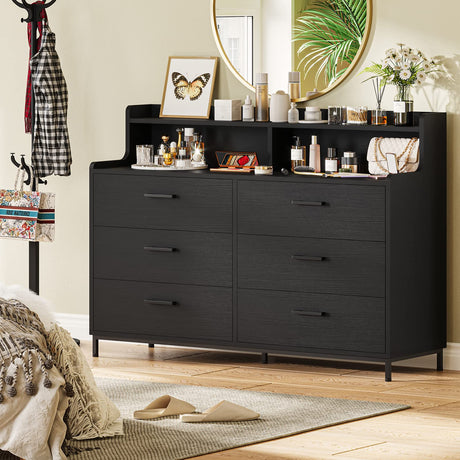 Hasuit 6 Drawers Double Dresser with Shelves, Large Wooden Storage Tower Organizer, Wide Chest of Drawers, Black Dresser for Bedroom, Living Room, Hasuit