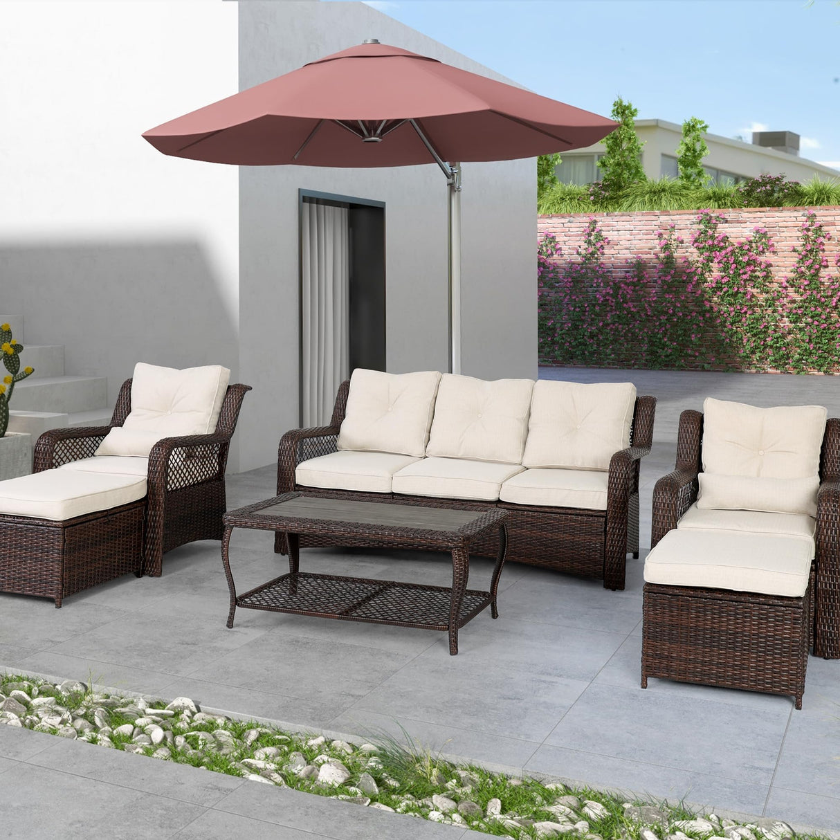 HOMREST 6 Pieces Patio Furniture Set, Wicker Patio Conversation Sets, Outdoor Sectional Rattan Sofa Chairs with Coffee Table, High Back, Ottoman, Cushions for Porch, Deck, Garden, Backyard (Beige) HOMREST