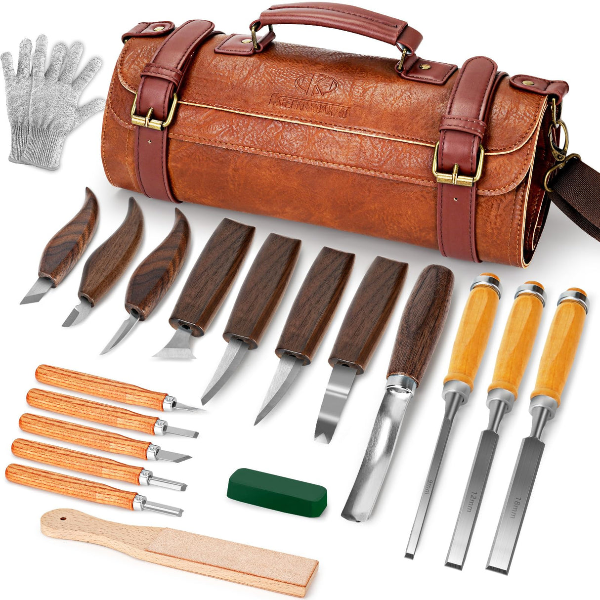 Wood Carving Kit, 20Pcs Wood Carving Tools with PU Leather Storage Bag, Wood Whittling Kit with 3Pcs Chisels & 8Pcs Whittling Knives & 5 Detail Carving Knives for Beginners and Enthusiasts K KERNOWO