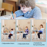 Rengue Kids Desk and Chair Set Height Adjustable School Study Desk and Chair with 55° Tiltable Desktop, 3 Modes&3 Brightness LED Lamps, Storage Drawer and Metal Hook for Boys Girls, Grey Rengue