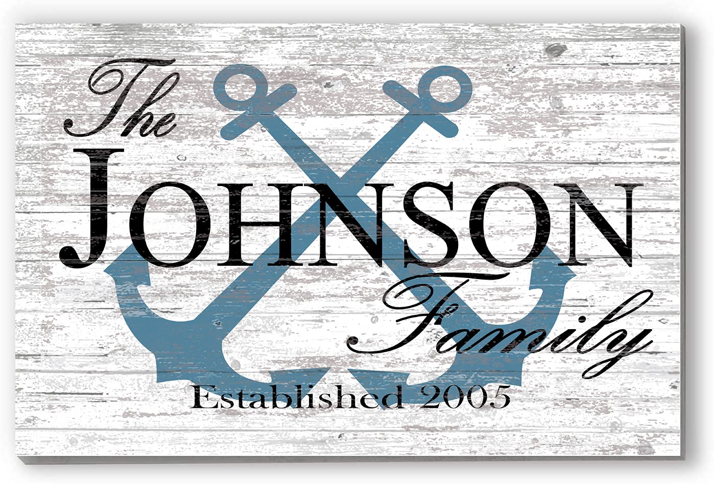 CUSTOM Beach House Sign or Lake Home Sign - Name and Established Date - Solid Wood - 16.5in x 10.5in (Anchor Slate Blue) - WoodArtSupply