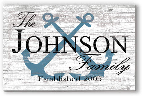CUSTOM Beach House Sign or Lake Home Sign - Name and Established Date - Solid Wood - 16.5in x 10.5in (Anchor Slate Blue) Broad Bay