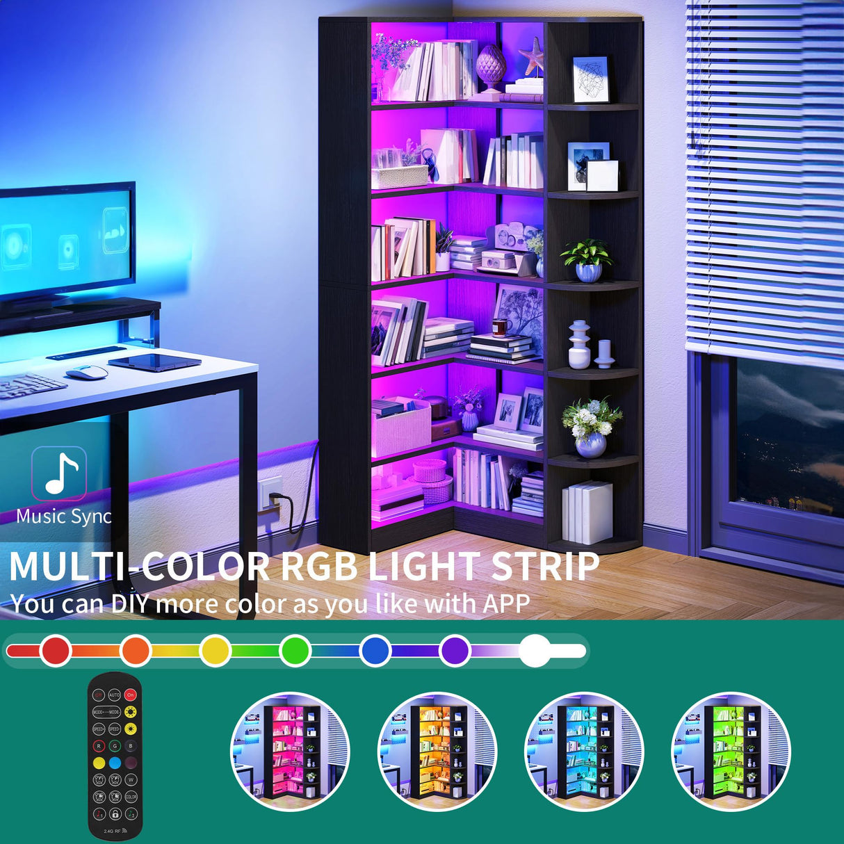 YITAHOME Corner Bookshelf and Bookcase with LED Light, Black Bookshelf 6 Tier Corner Shelf L-Shaped Bookcase Storage Display Shelf for Home Office, Living Room, Bedroom, Black YITAHOME