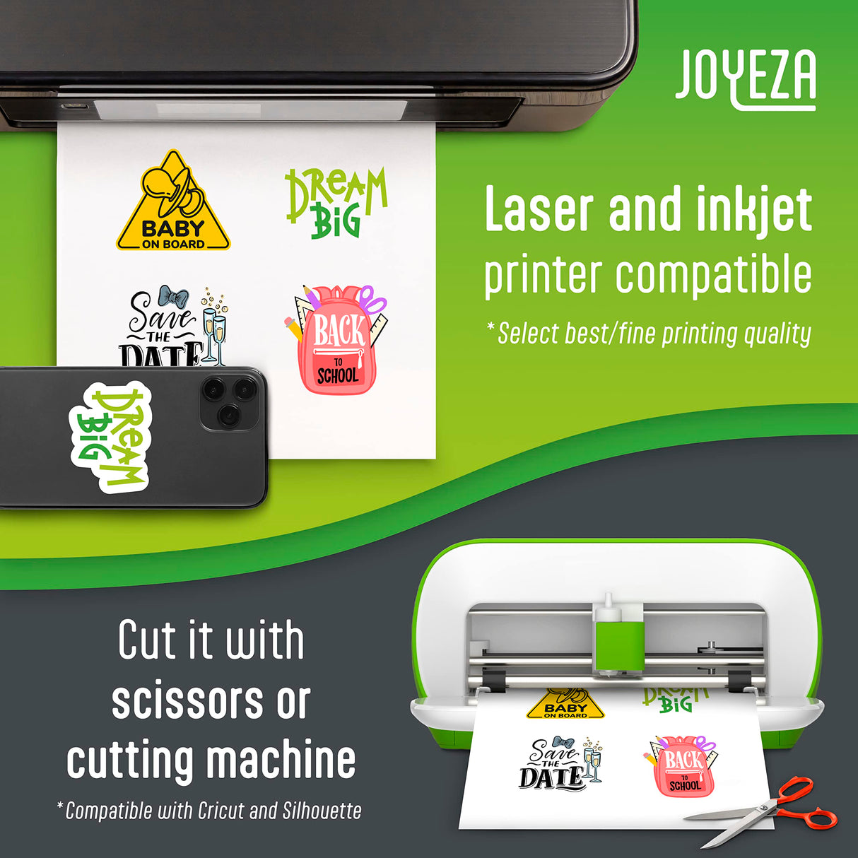 JOYEZA Premium Printable Vinyl Sticker Paper for Inkjet Printer - 25 Sheets Matte White Waterproof, Dries Quickly Vivid Colors, Holds Ink well- Tear Resistant - Inkjet & Laser Printer JOYEZA