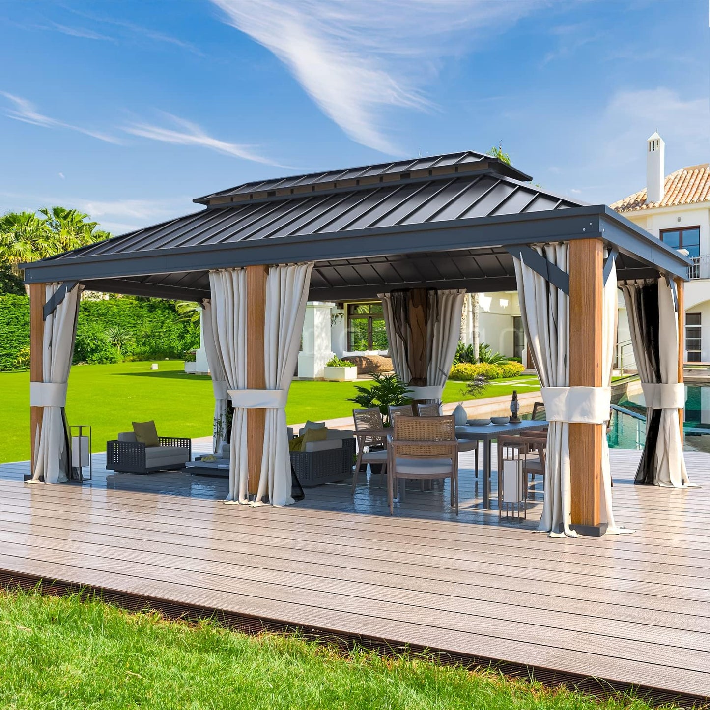 YOLENY 12' x 20' Ultra-Thick Faux Wood Grain Aluminum Frame Hardtop Gazebo, Vertical Stripe Galvanized Steel Double Roof, Outdoor Patio Gazebo