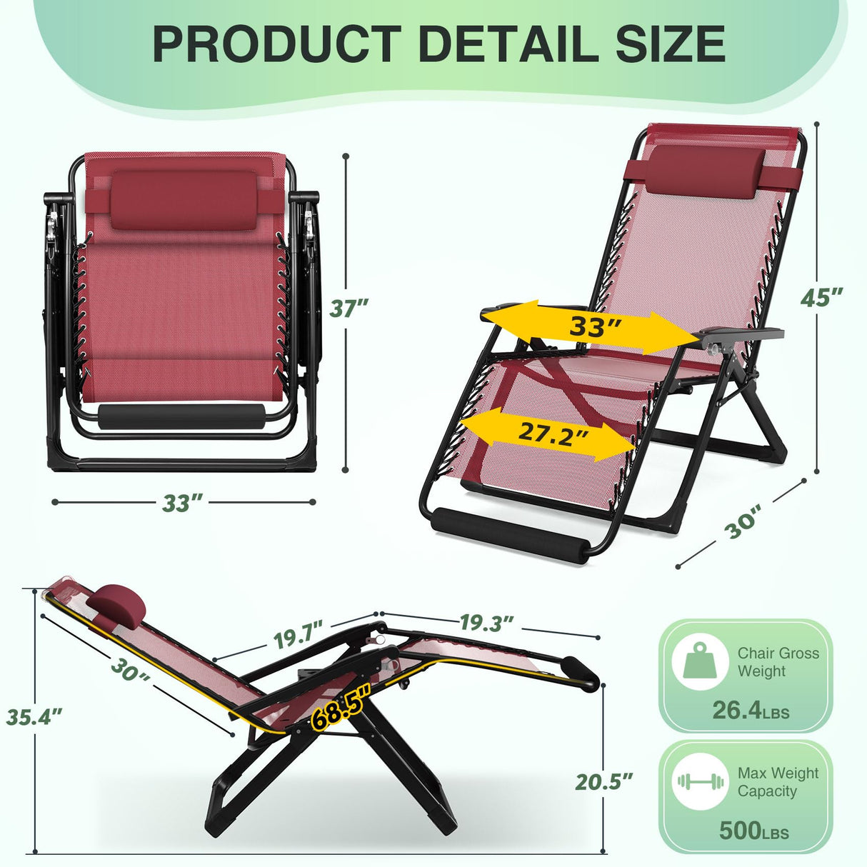 Suteck Oversized Zero Gravity Chair,33In XXL Lounge Chair w/Removable Cushion&Headrest, Reclining Camping Chair w/Upgraded Lock and Footrest, Reclining Patio Chairs Recliner for Indoor Outdoor,500LBS Suteck