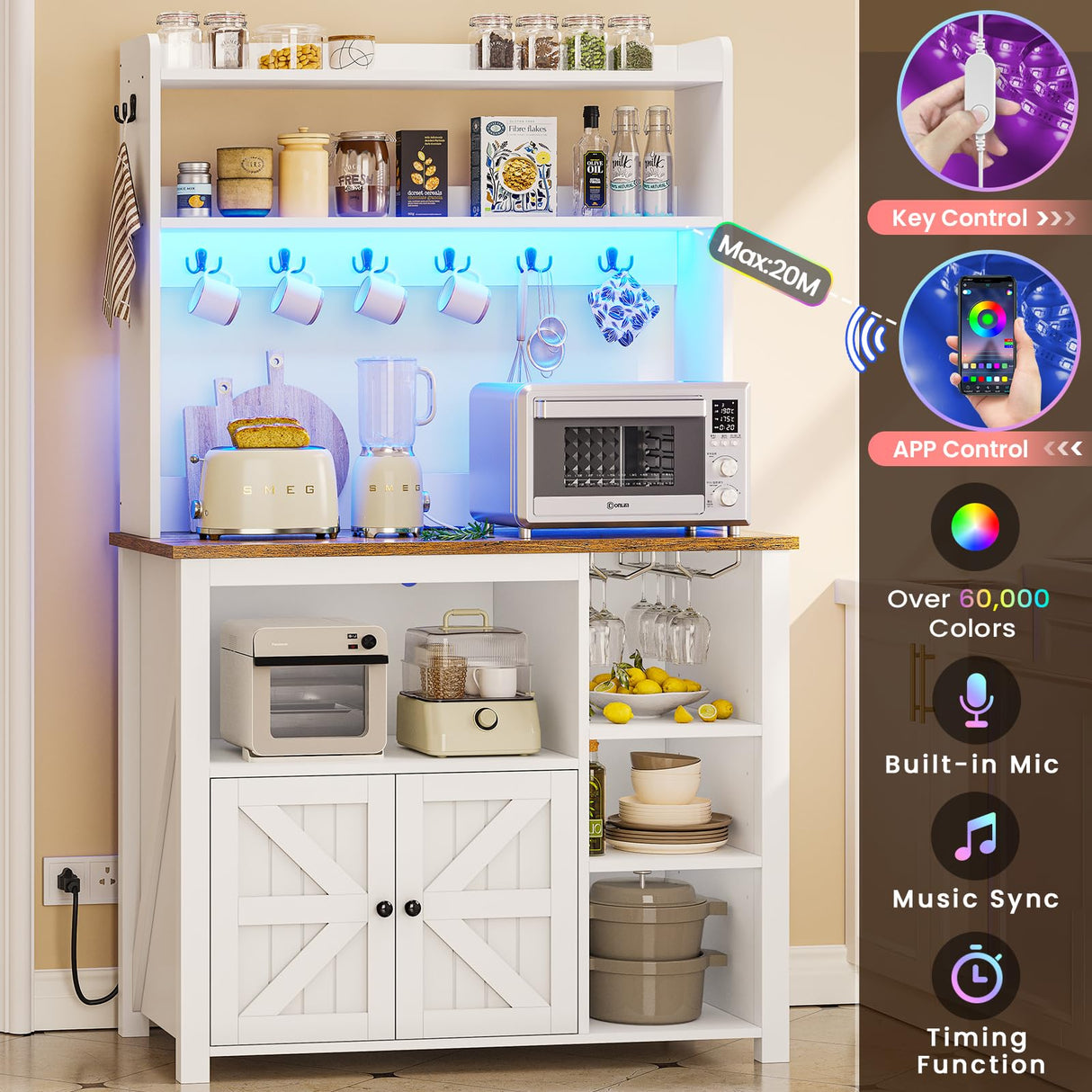 Itaar 35.4 inch Bakers Rack with Power Outlet and Storage, Farmhouse Coffee Bar Cabinet, Microwave Stand Kitchen Cabinet with Hutch, LED Lights, Wine Glass Holder and 8 Hooks，White Itaar