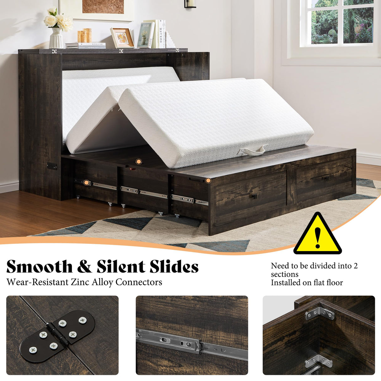 AMERLIFE Queen Murphy Bed Cabinet with Charging Station and Storage, Farmhouse Foldable Platform Bed for Guest Room, Office, Small Spaces, Black Oak AMERLIFE