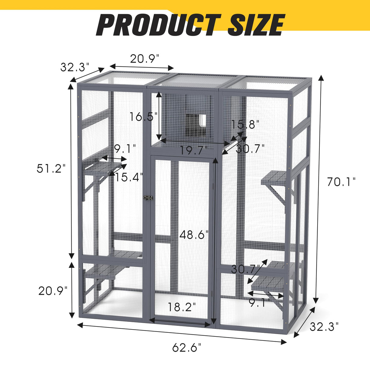 COZIWOW Upgraded Extra Large Cat Catio Equipped 4-Way Pet Door, Outdoor Wood Kitty Cage House with Insulation Condo, Patio Window Attach Cat Enclosure Playpen w/Weatherproof PVC Cover, Gray COZIWOW