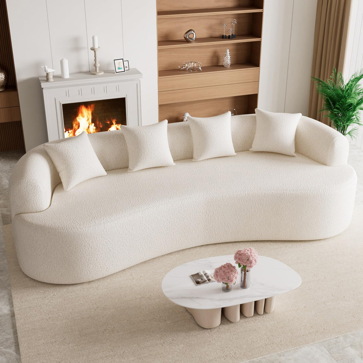 114" Oversized Sectional Sofa for Living Room, Modern Luxury Plush Chenille 4-Seater Extra Deep & Wide Seat Curved Cloud Couch with 4 Throw Pillows, No Assembly Needed, Cream White DAMAIFROM