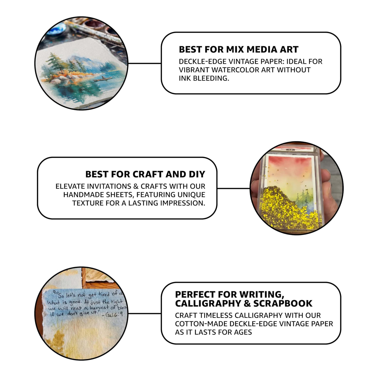 LEATHER VILLAGE Watercolor Paper, 140lb(300gsm), 6x4 Inches, 25 Sheets, Handmade Deckle Edge Paper, Textured, Mixed Media, Cold Press Pad for Calligraphy, Sketching, Crafts and Painting LEATHER VILLAGE