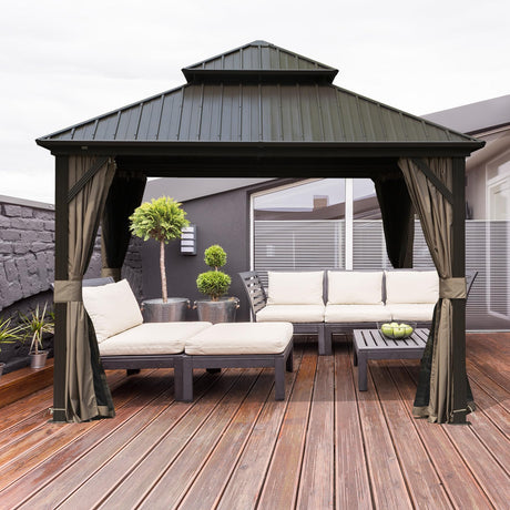Domi 10' X 10' Hardtop Gazebo, Aluminum Metal Gazebo with Galvanized Steel Double Roof Canopy, Curtain and Netting, Permanent Gazebo Pavilion for domi outdoor living