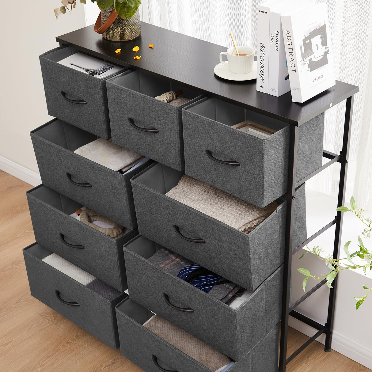 DUMOS Dresser for Bedroom, Dressers & Chests of Drawers Dresser Organizer, Wood Top Table Furniture with 9 Fabric Storage Tower Unit, Chest of Drawers for Closet, Living Room, Hallway, Porch DUMOS