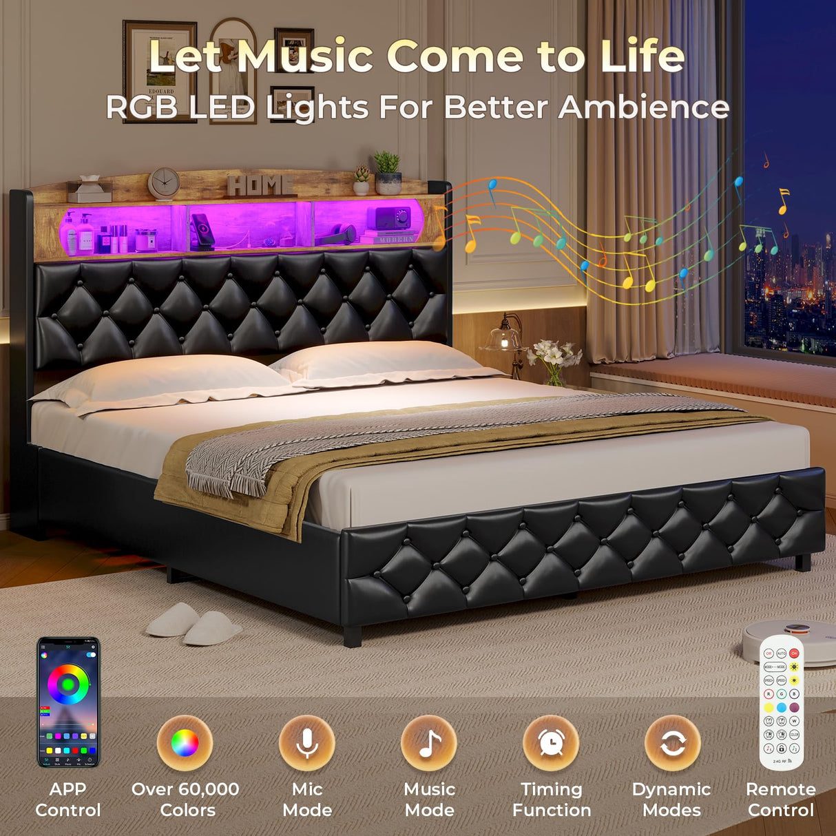 ADORNEVE Queen Bed Frame with LED Headboard, Hydraulic Lift Storage, and Built-in Charging Station in PU Black ADORNEVE